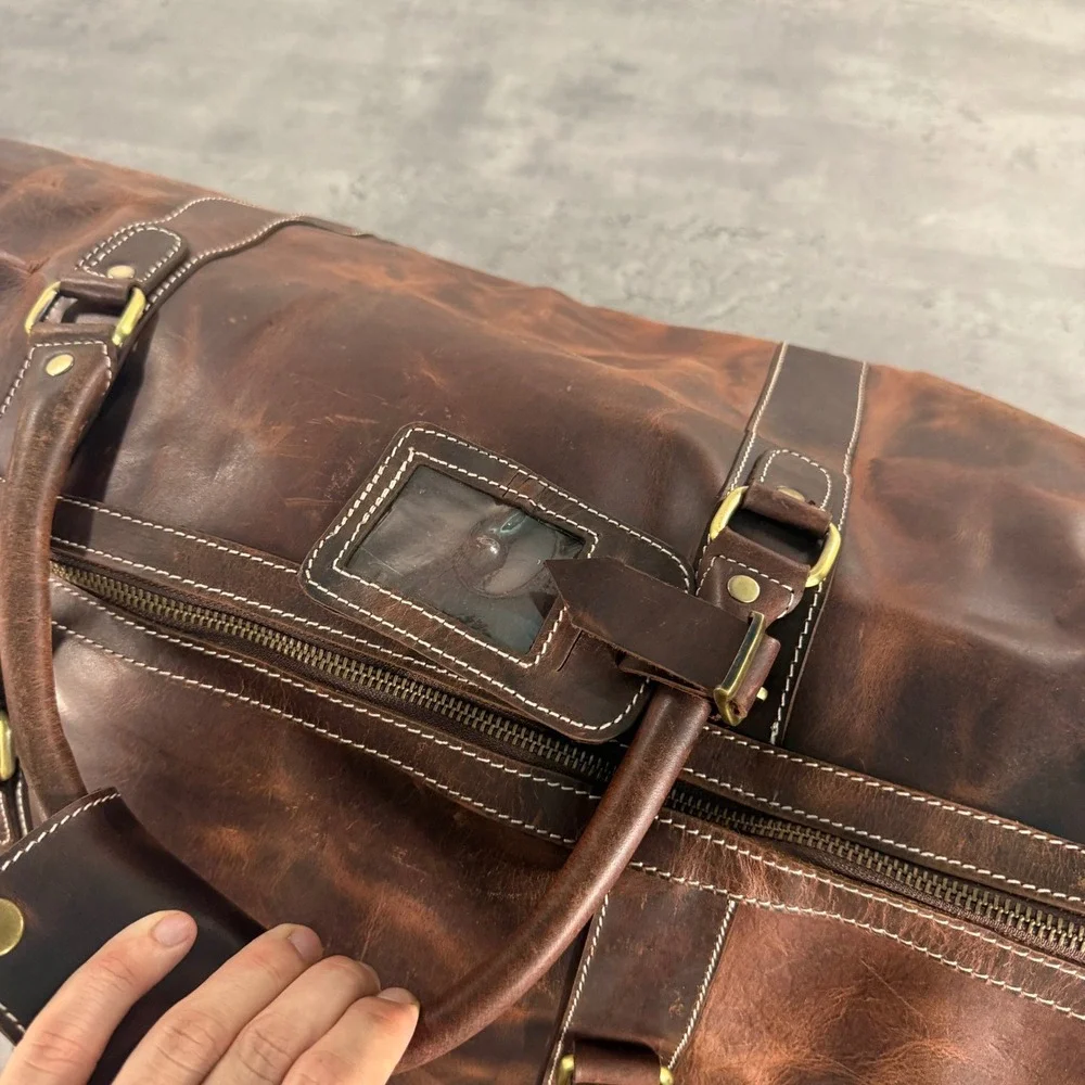 Denver Leather Craft Duffel Bag Mens Brown Distressed Weekender Travel Luggage